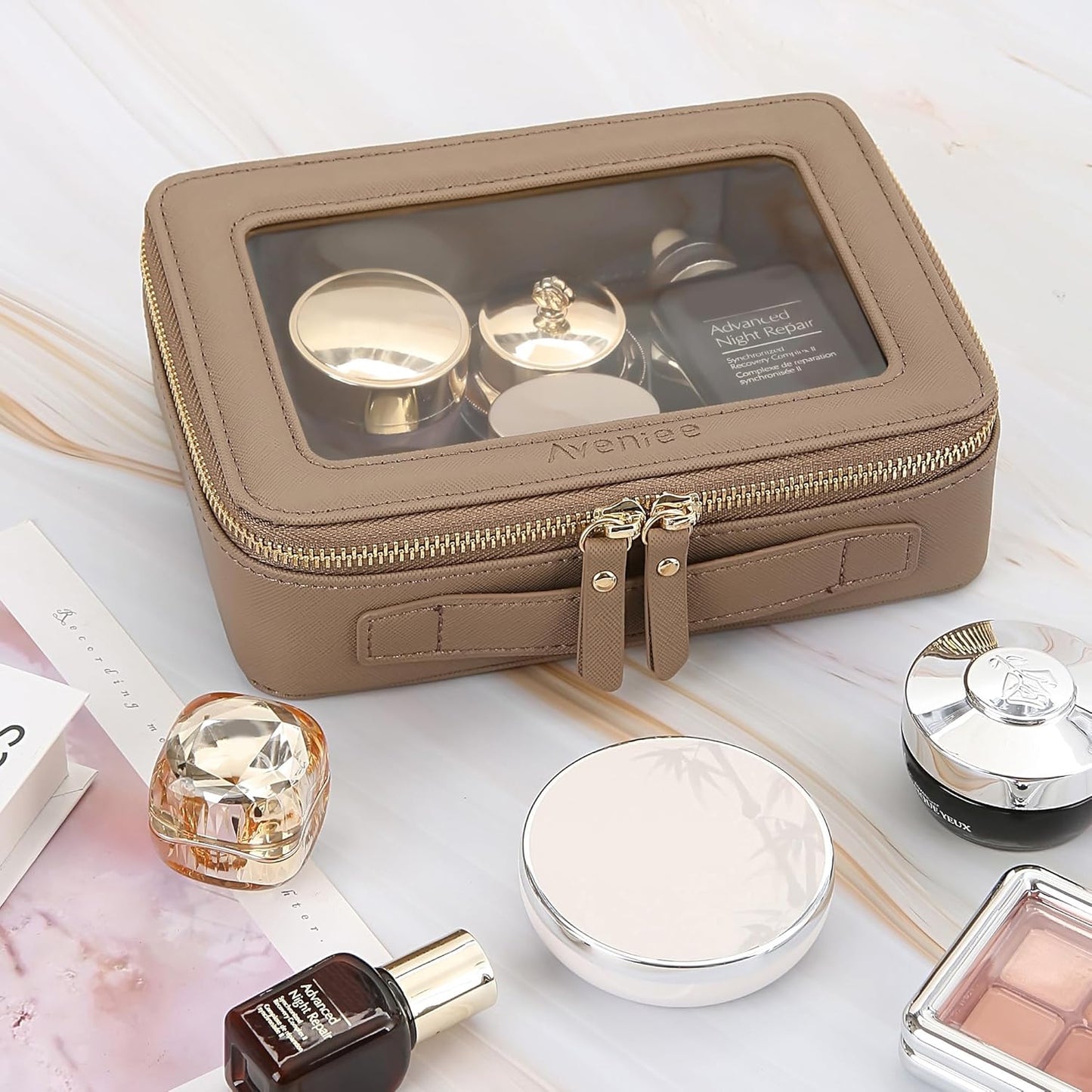 Aveniee Clear Makeup Bag Organizer, Travel Toiletry Bag Cosmetic Case for Women, Portable Make Up Skincare Pouch Car Organizer Bag with Zippers for Essentials,Taupe