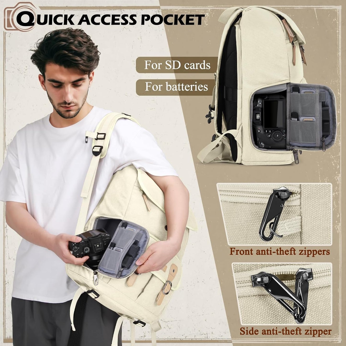 RAINSMORE Camera Bag Backpack for DSLR/SLR Mirrorless 15.6 Inch Laptop Camera Back Pack for Photographers Anti-Theft Photography Bags Case with Tripod Holder & Rain Cover, Beige