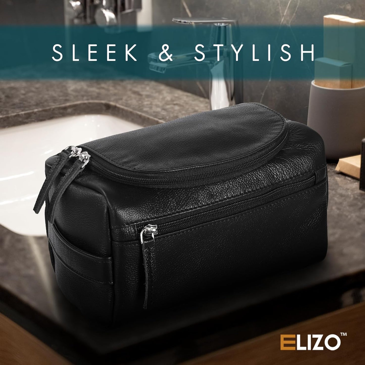 ELIZO Premium REAL Leather Toiletry Bag for Men Dopp Kitt Hanging Mens Toiletry Large TSA Toiletries Bag Shaving Grooming Bag Organizer Black