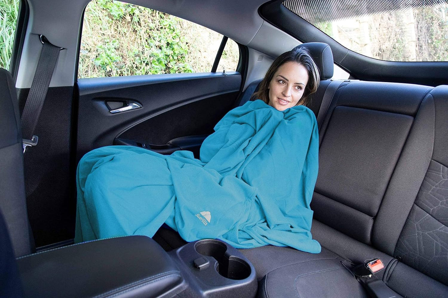 BlueHills Travel Blanket Pillow Compact Lightweight Pocket Size Airplane Traveling Essential Flight Trip Throw in Bag Portable Case Plane Accessory Teal Blue L03