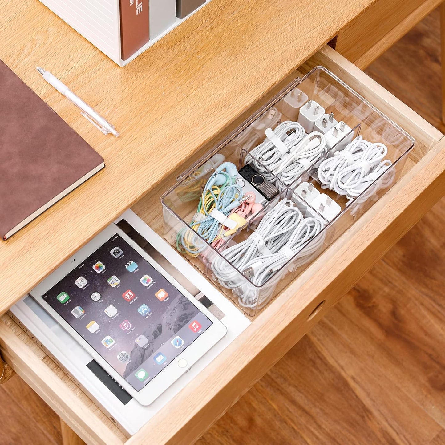 Yesesion Clear Plastic Cord Organizer Box with Adjustment Compartments, Large Cable Management Case with Lid and 10 Wire Ties for Desk Drawer, Home Office, Art Supply, Electronic Accessories (1 PACK)