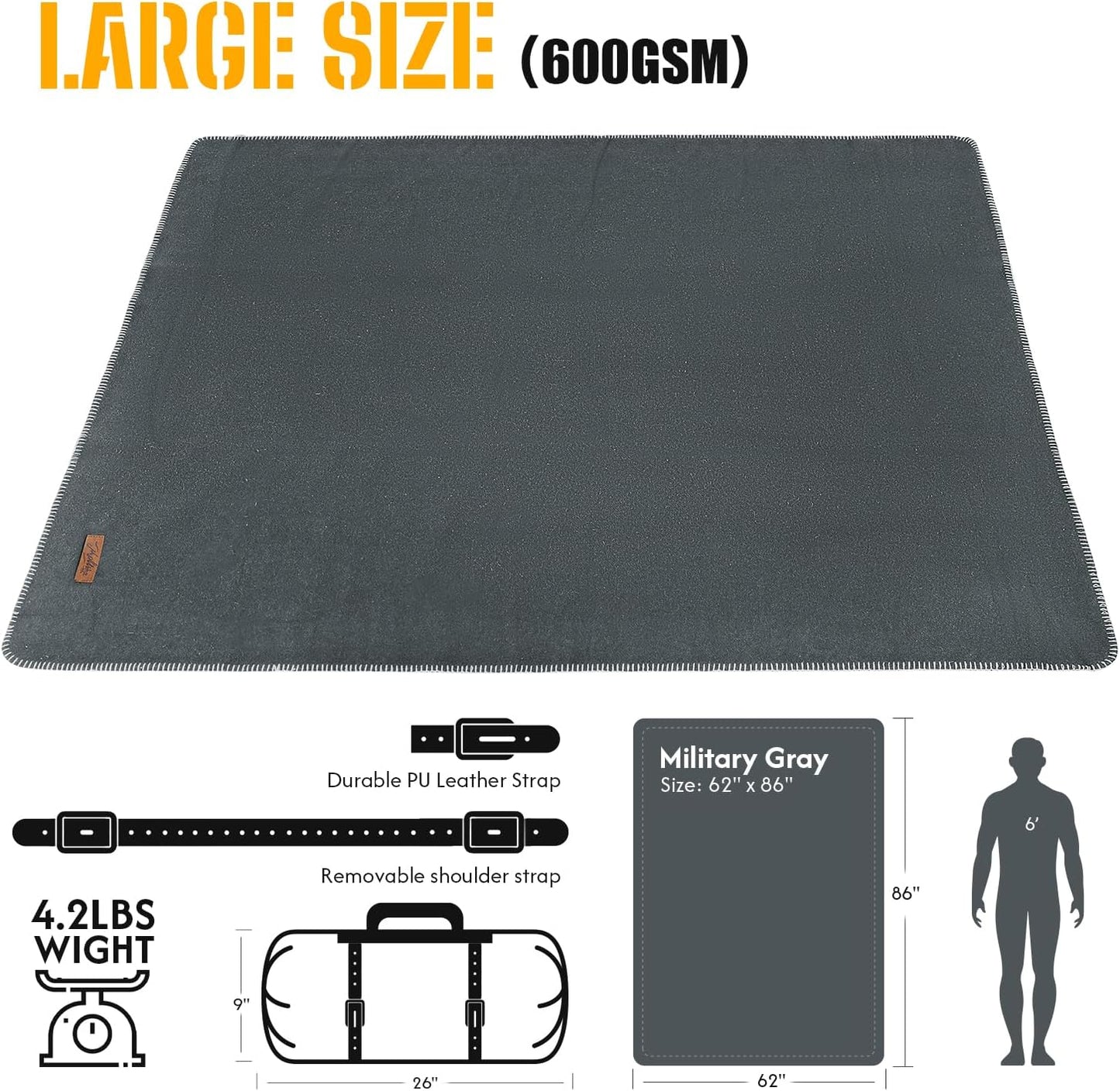 100% Wool Blanket, 62" x 86", Warm, Thick, Washable, Military Wool Blanket, Great for Camping, Outdoors, Sporting Events, Survival Kits