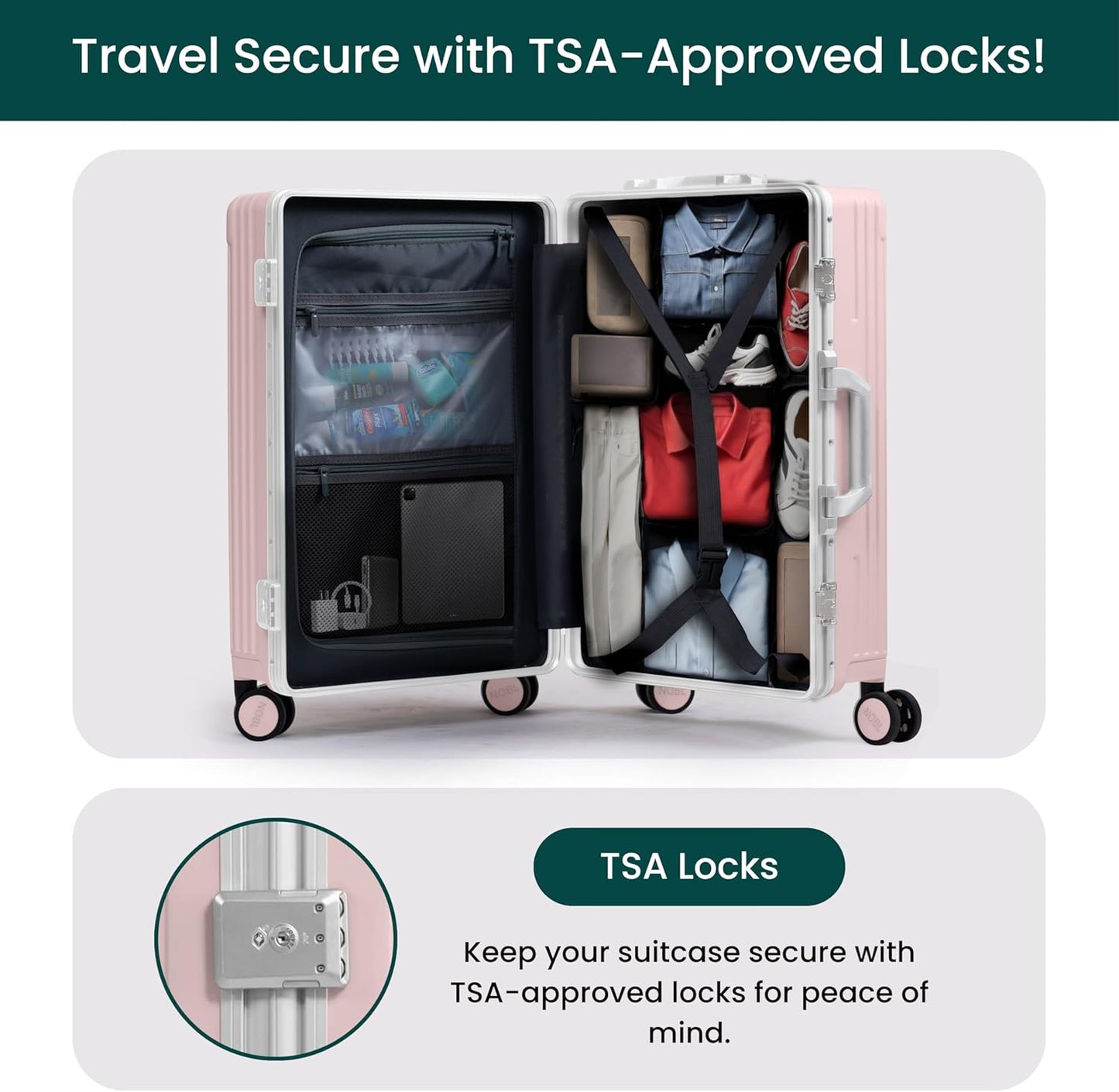 Nobl Travel Carry On Luggage, Noble Zipperless Aluminum Frame PC Hard Shell Suitcase, 22.5x15x9.5 Airline Approved, 360° Spinner Wheels, TSA Locks, USB Charging Port, Cup & Phone Holder - Pink