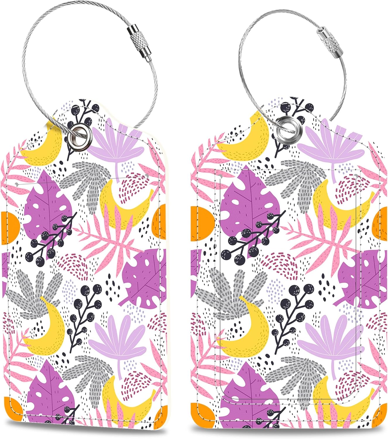 Tropical Plants Leaves Fruits Luggage Tags 2PCS PU Leather Suitcases Tag with Stainless Steel Loop and Privacy Name Address Cover Label Card for Women Men Travel