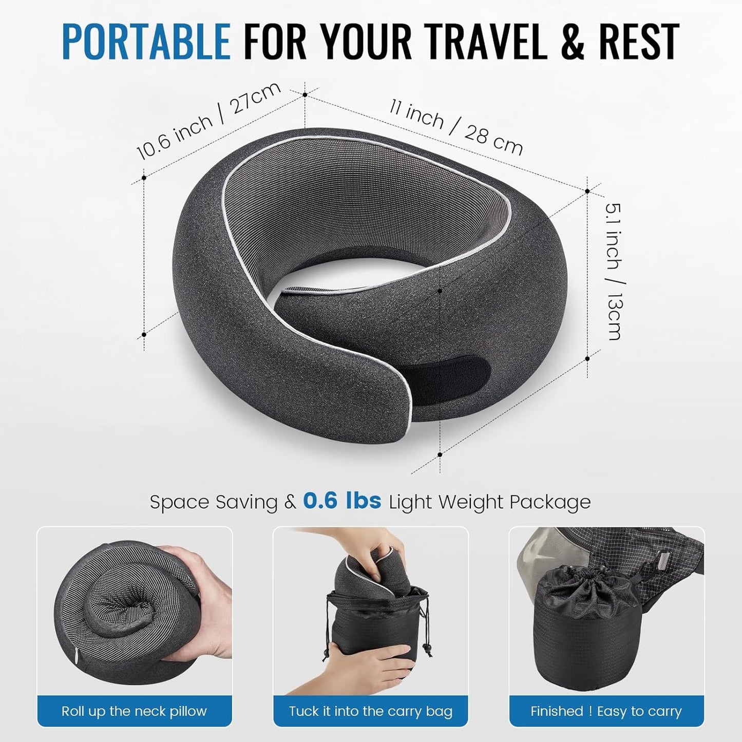 Travel Neck Pillows, 100% Memory Foam Filling, Travel Pillows for Airplanes, Compact and Ergonomic Design, Best for Sleeping Plane Train Travel Essentials (Light Black)