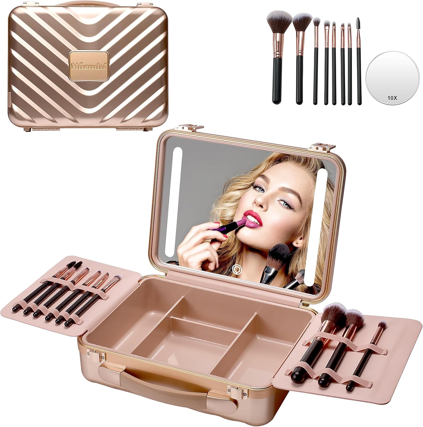Mocado Travel Makeup Case with Lighted Mirror, Makeup Box with 8 Makeup Brushes and 10x Magnifying Mirror, Adjustable Brightness Makeup Train Case with Makeup Brushes Divider(Rose Gold)