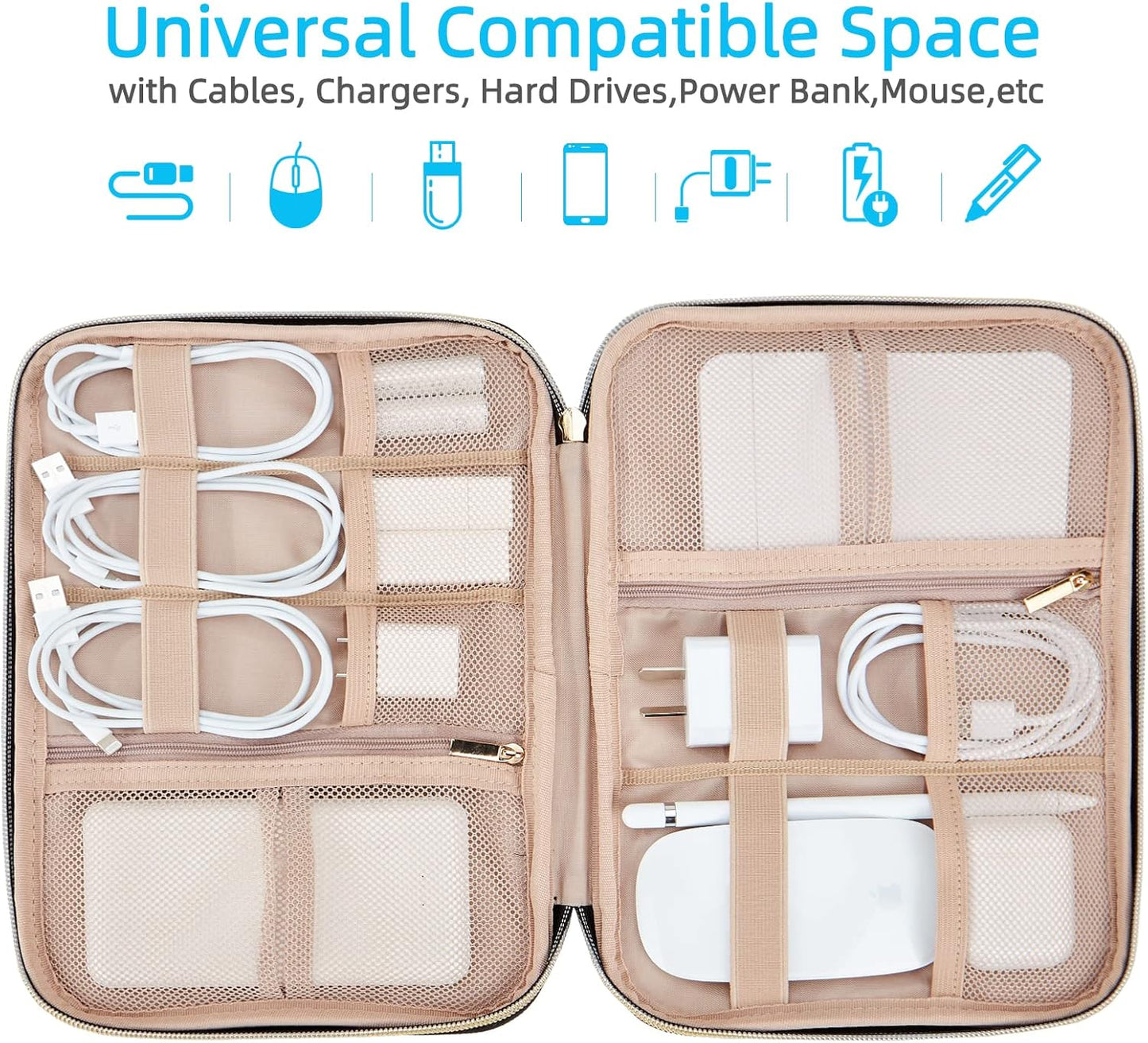 NISHEL Travel Cord Organizer Case, Tech Electronic Bag, Essentials for Charger, Cable, Phone, Hard Drive, USB, SD Card, Rosewood-Pink