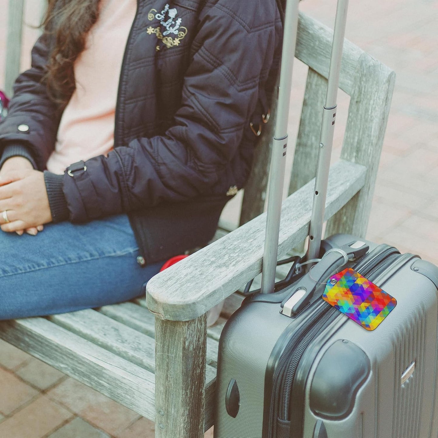 2 Pack Luggage Tag for Suitcase Polygonal and Rainbow Color Rhombus Leather Suitcase Tags with Identifiers Privacy Cover Name Address Labels and Stainless Steel Loop for Teens Adults