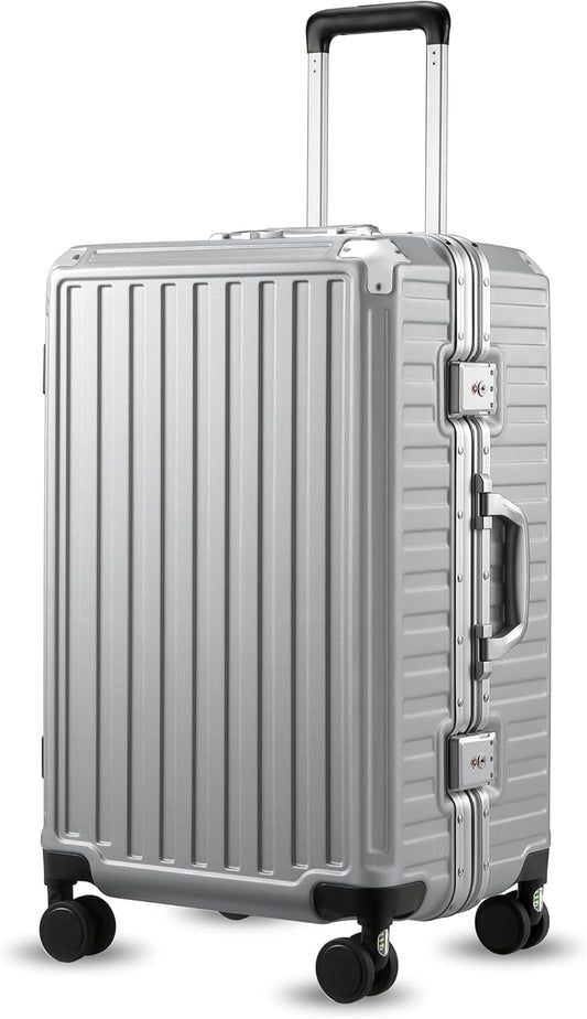 LUGGEX Checked Luggage with Spinner Wheels, 24 Inch Aluminum Frame Zipperless Polycarbonate Hard Shell Suitcase, Silver