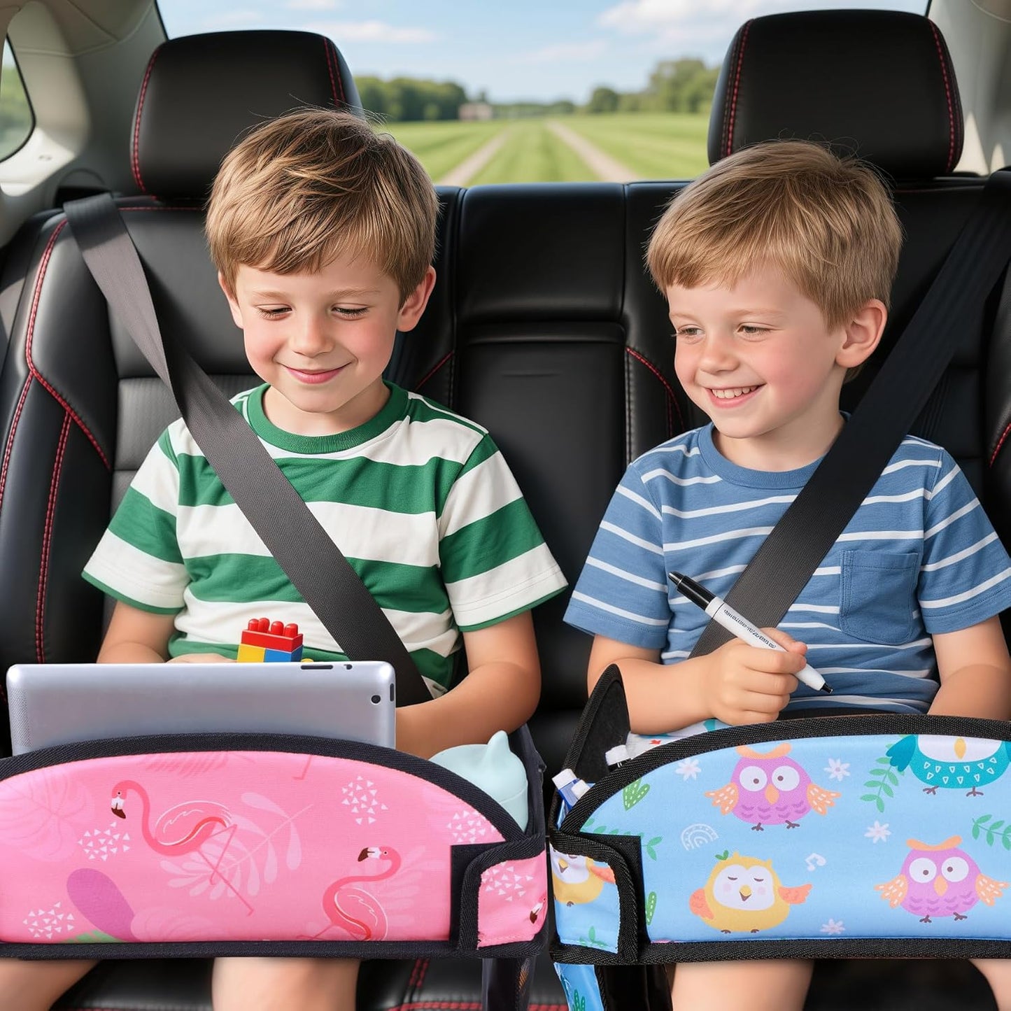2PCS Kids Travel Tray, Car Seat Tray for kids Travel, Toddler Road Trip Essentials With Drawing Kit, Toddler Lap Desk Organizer for Car, Carseat Table for Airplane