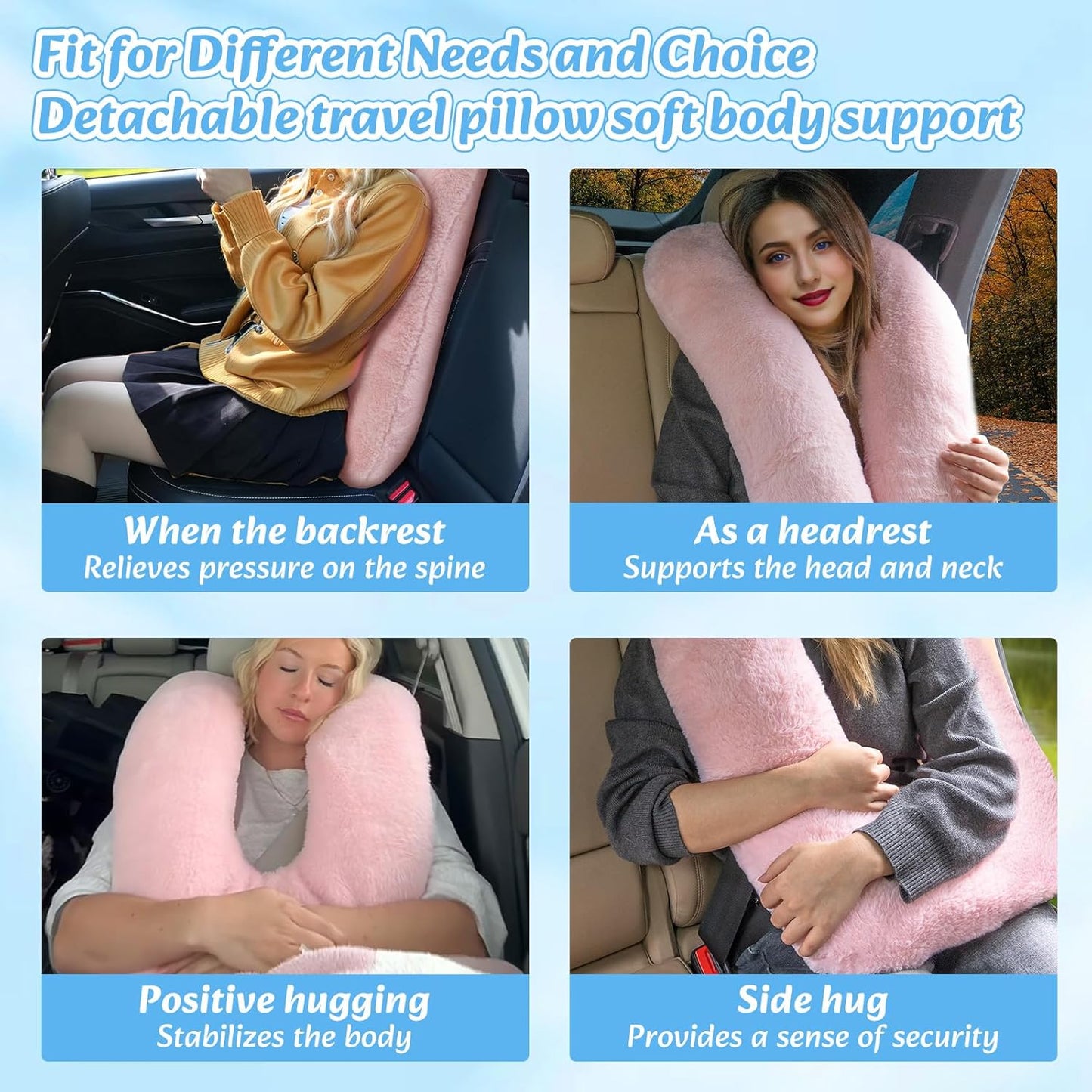 Travel Pillow, Car Pillow for Kids & Adults - Ergonomic Travel Pillows Sleeping Aid for Neck & Body Support, Car Travel Essentials Pillow on Road Trips-Pink