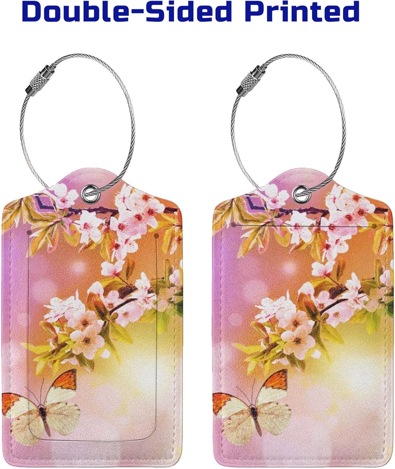 2 Packs Beautiful Spring Flowers PU Leather Luggage Tags Butterfly Suitcase Labels Bag Tags Cute Name ID Labels with Privacy Cover for Women Teen Girls Pink Yellow Background