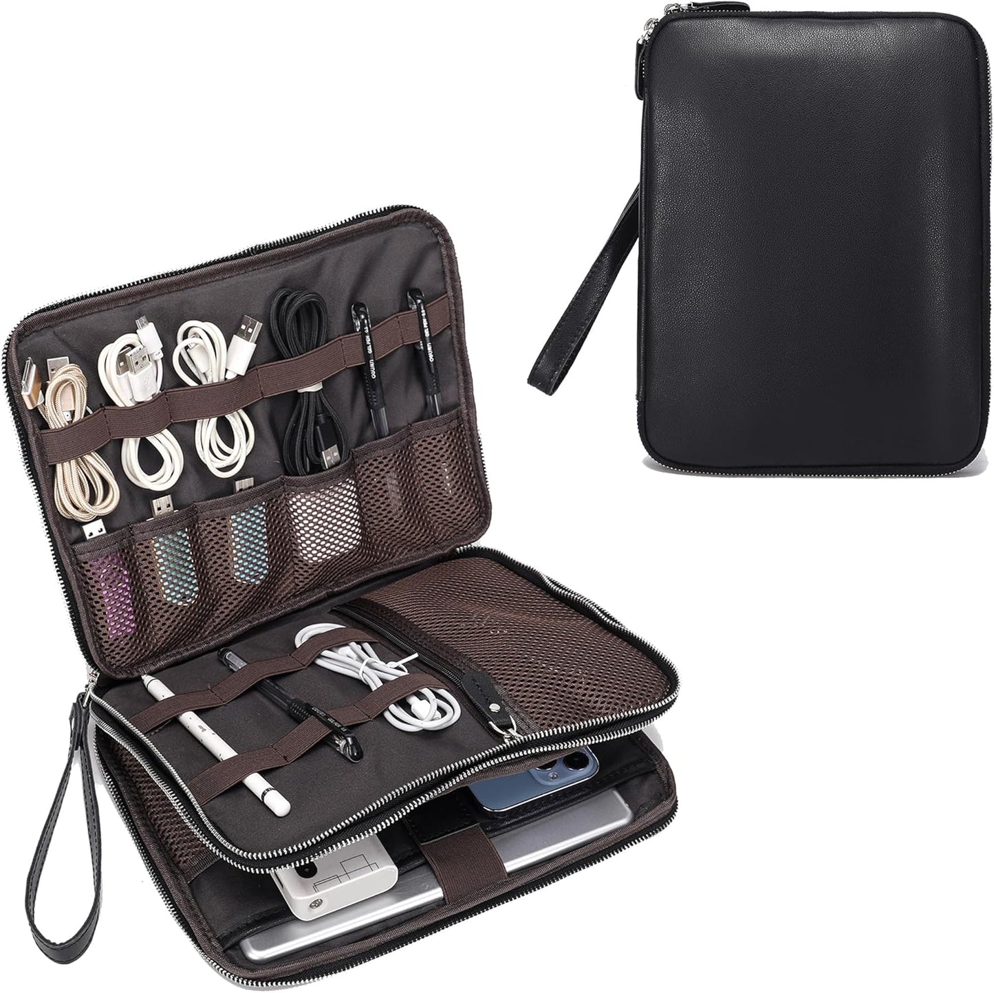 LANNSYNE Full Grain Leather Travel Cable Accessories Bag, Electronic Organizer Carry Case Double Layer Storage Case for Cables, Charger, Phone, Power Bank