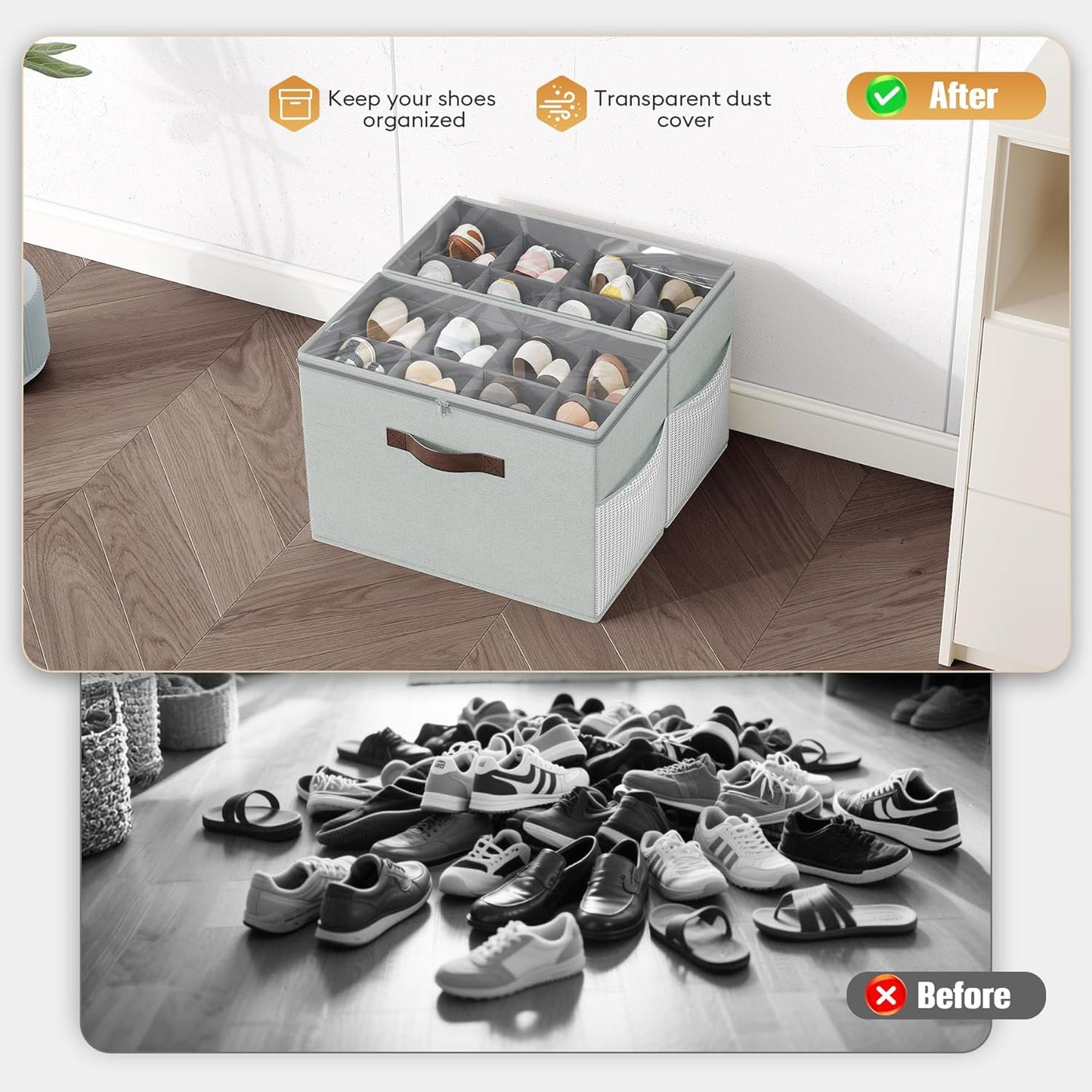 Budding Joy 2 Pack Shoe Organizer for Closet, Clear Foldable Shoe Storage Containers Adjustable Dividers Fits 16 Pairs,Shoe Storage Bins Baskets Boxes with Reinforced Handles Light grey