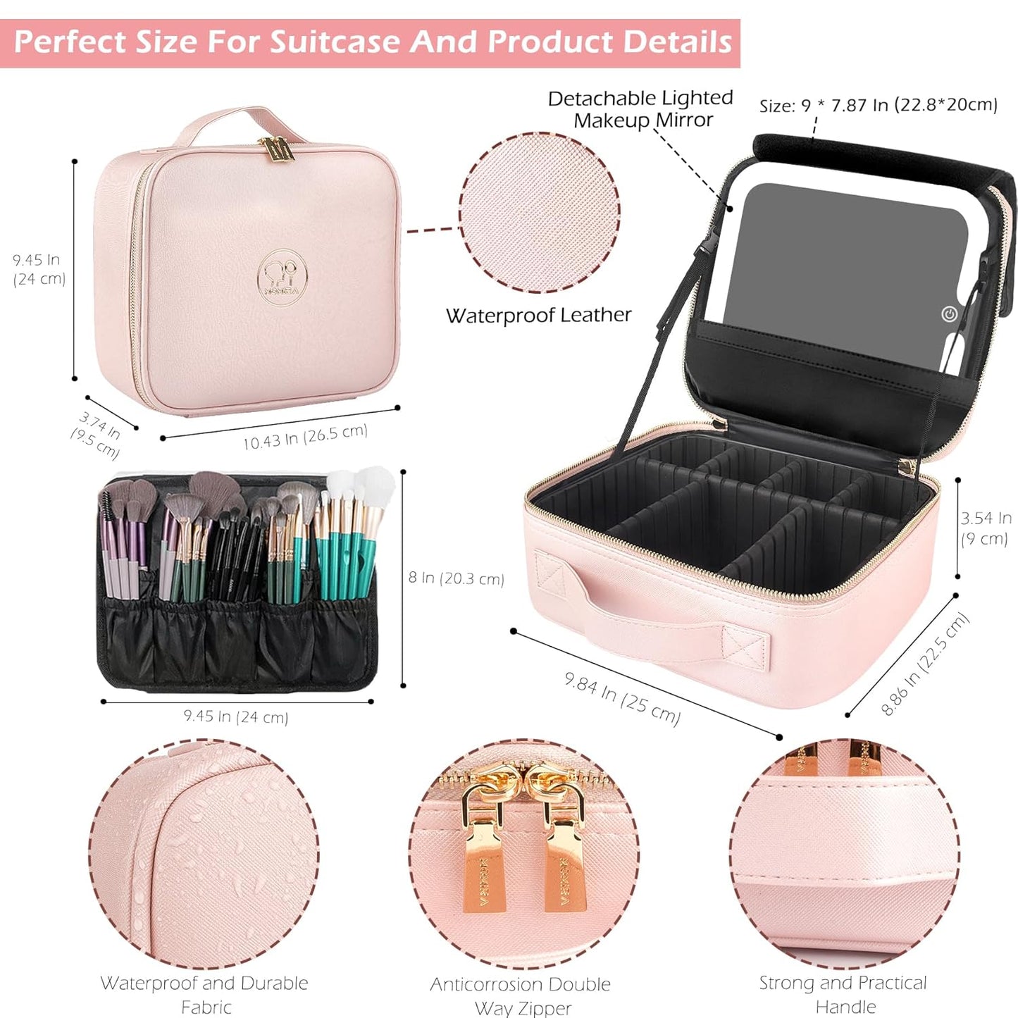 MOMIRA Travel Makeup Bag Cosmetic Bag with Lighted Mirror, Adjustable Brightness in 3 Color Scenarios, Waterproof, 10x Magnifying Mirror, Rotatable Independent Light Mirror- Phosphor(Solid)