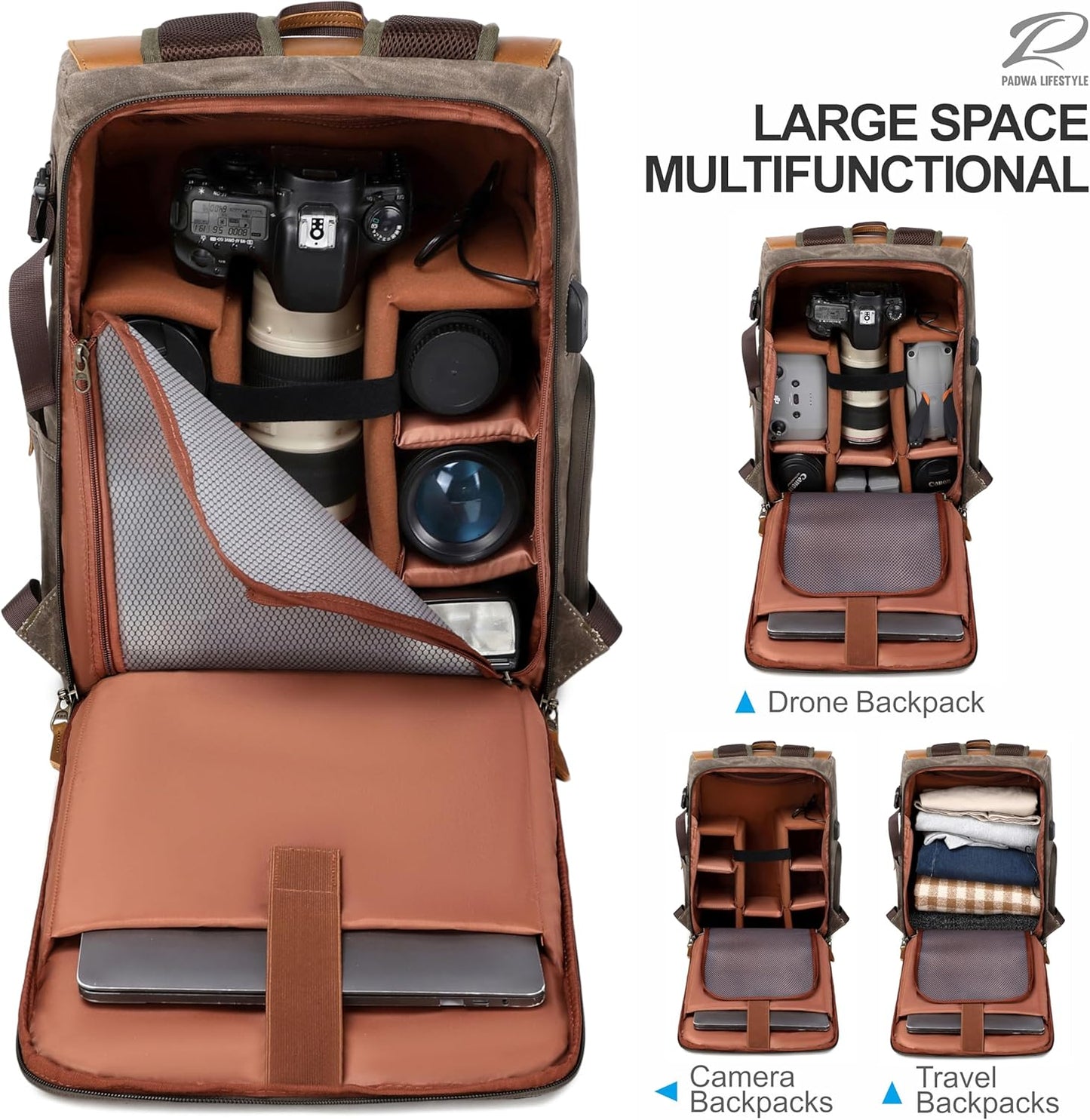 Padwa Lifestyle Coffee Camera Backpack - Waxed Memory Weather Resistant Canvas Camera Backpacks for Photographers,Multi DSLR SLR Camera Bag with 16” Laptop & Lens Compartment and Tripod Holder