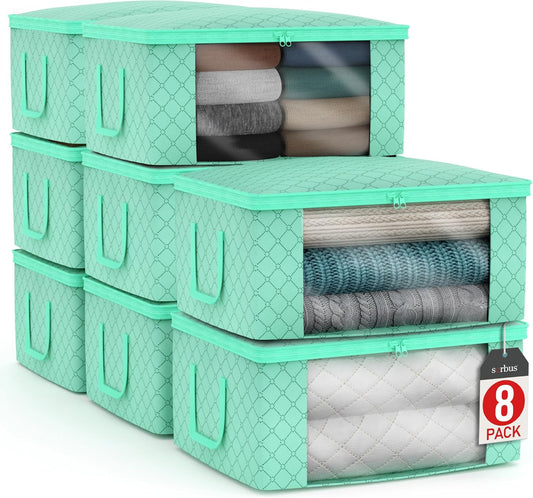 Sorbus Medium Clothes Storage Bags - Foldable Blanket Storage Bins for Organizing Bedroom, Closet, Clothing, Comforter, Organization with Clear Window, Lids and Carry Handles - Set of 8