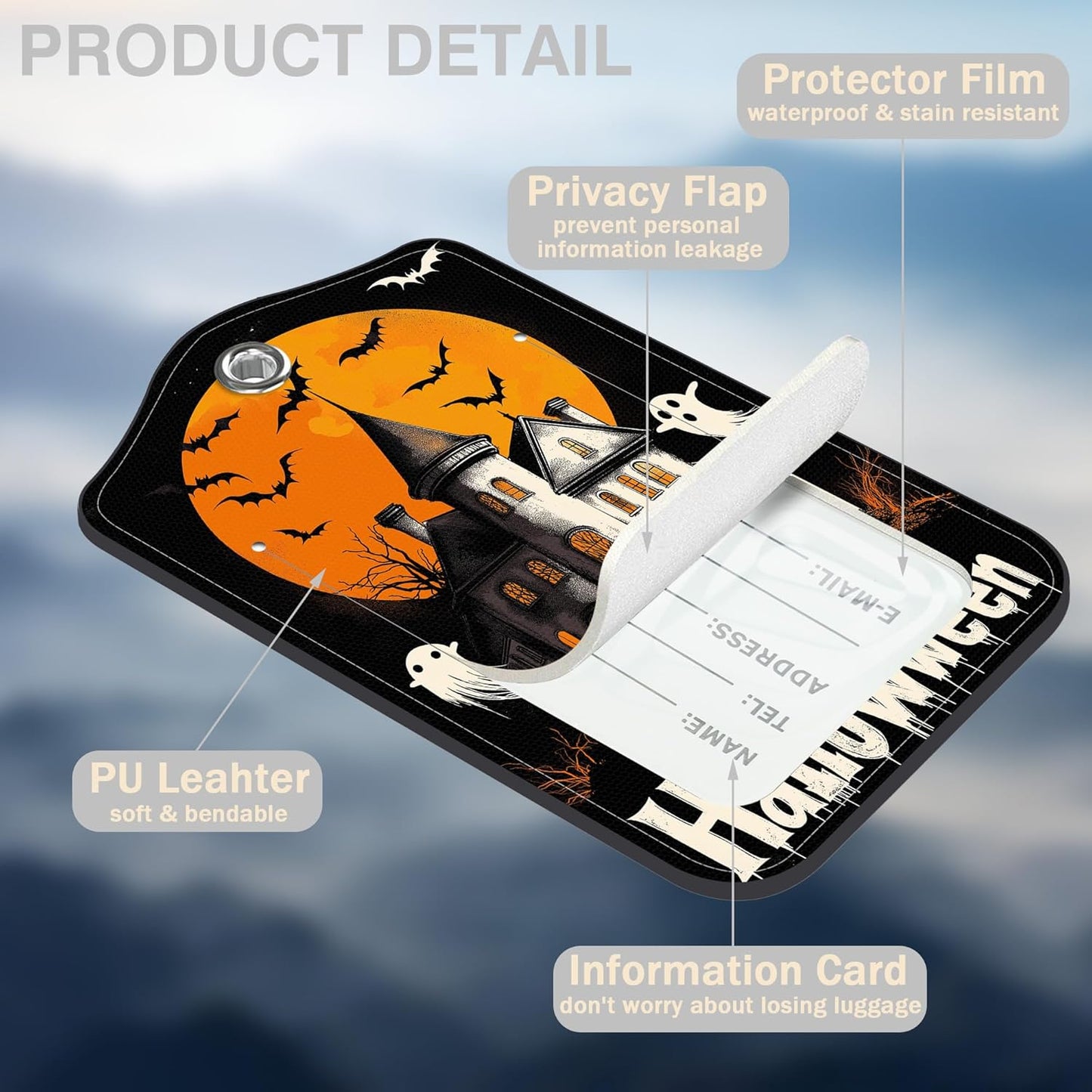 2 Pack Bat and Ghost Luggage Tags for Suitcases Happy Halloween Castle Leather Luggage Tags Privacy Cover ID Label with Stainless Steel Loop and Address Card for Women Men Travel Bag Backpack