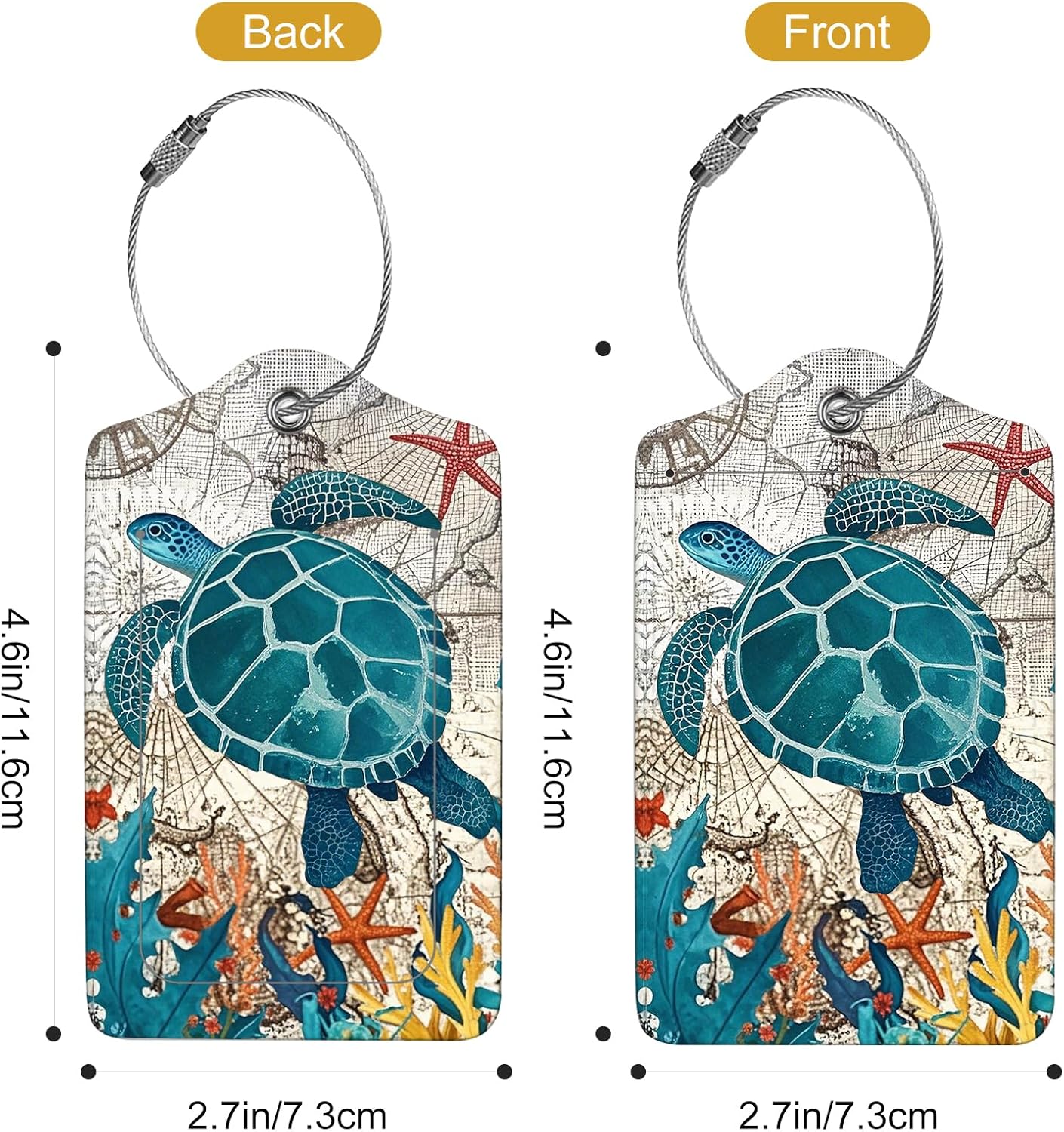 2Pack Luggage Tags for Suitcases, Cute Unique Pu Leather Cruise Luggage Tag with Privacy Cover ID Label Address Card and Metal Ring Suitable for Women Men Kids Travel Bag Retro Map Turtle