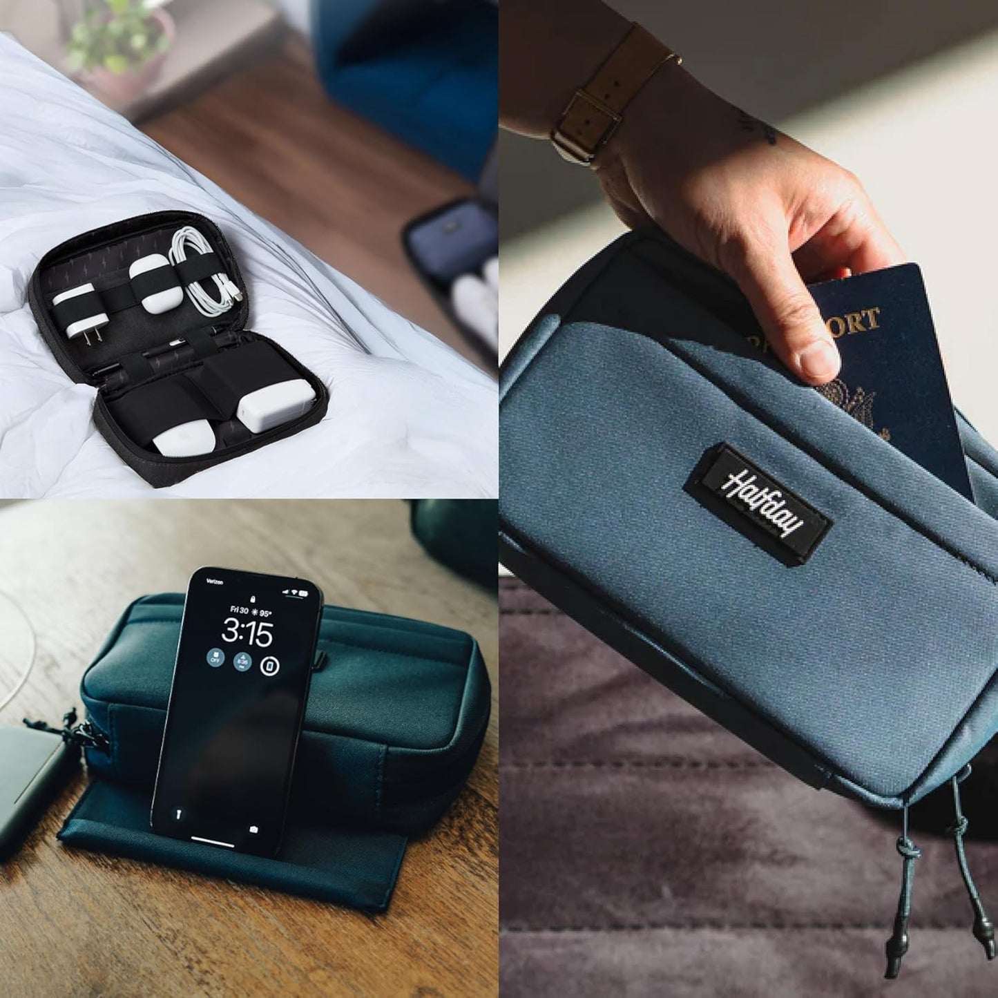 Halfday Sidekick Tech Organizer Kit | Flip-Out Kickstand for Phone/Tablet, Zip-Flat Pouch with Power Mesh & Elastic for Cable & Charger (Splash-Resistant Travel Electronics Accessories Case), Marine