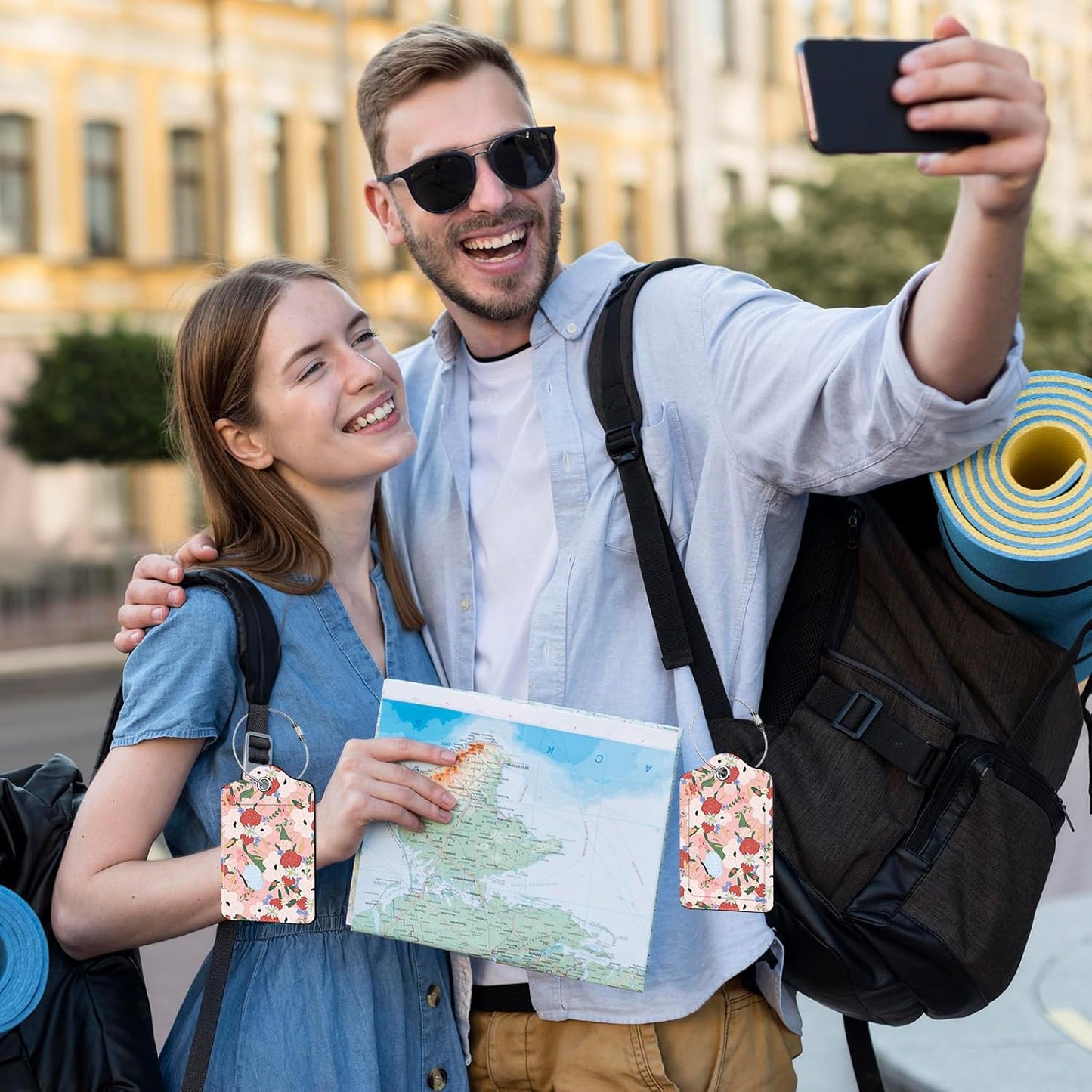 2 Pack Floral Luggage Tag for Suitcase, Pink Luggage Tags PU Leather Suitcase Tags Identifiers Stainless Steel Loop ID Bag Tags Card Baggage Bag Label