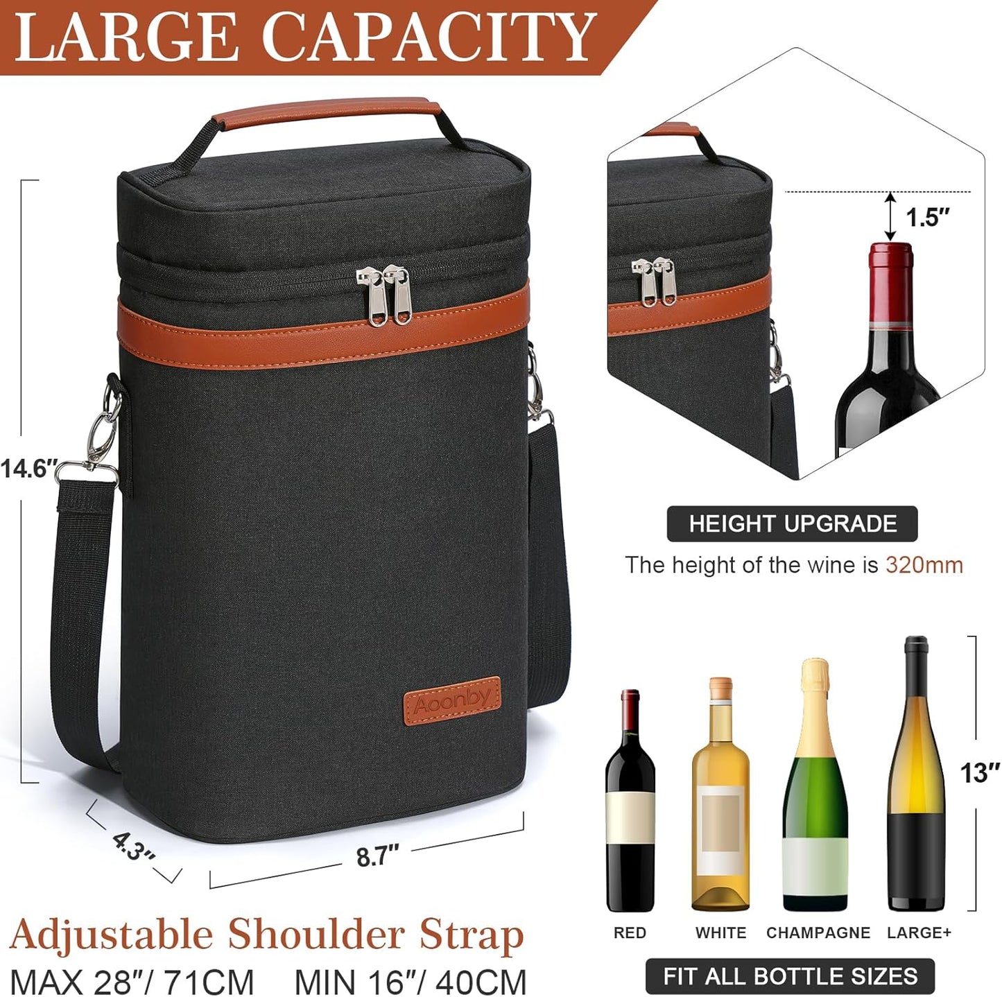 2 Bottle Wine Bag Wine Cooler Carrier Wine Gift Tote Bag, Leakproof & Insulated Bottle Bags for Travel, BYOB, Beach, Dinner, Party, Christmas Gifts for Wines Lovers Women Men - Black