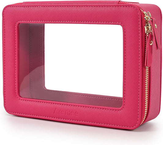 Aveniee Clear Makeup Bag Organizer,Large Travel Toiletry Bag for Women, Waterproof Cosmetic Pouch with Zippers,Car Organizers and Storage Case for Accessories,Hotpink