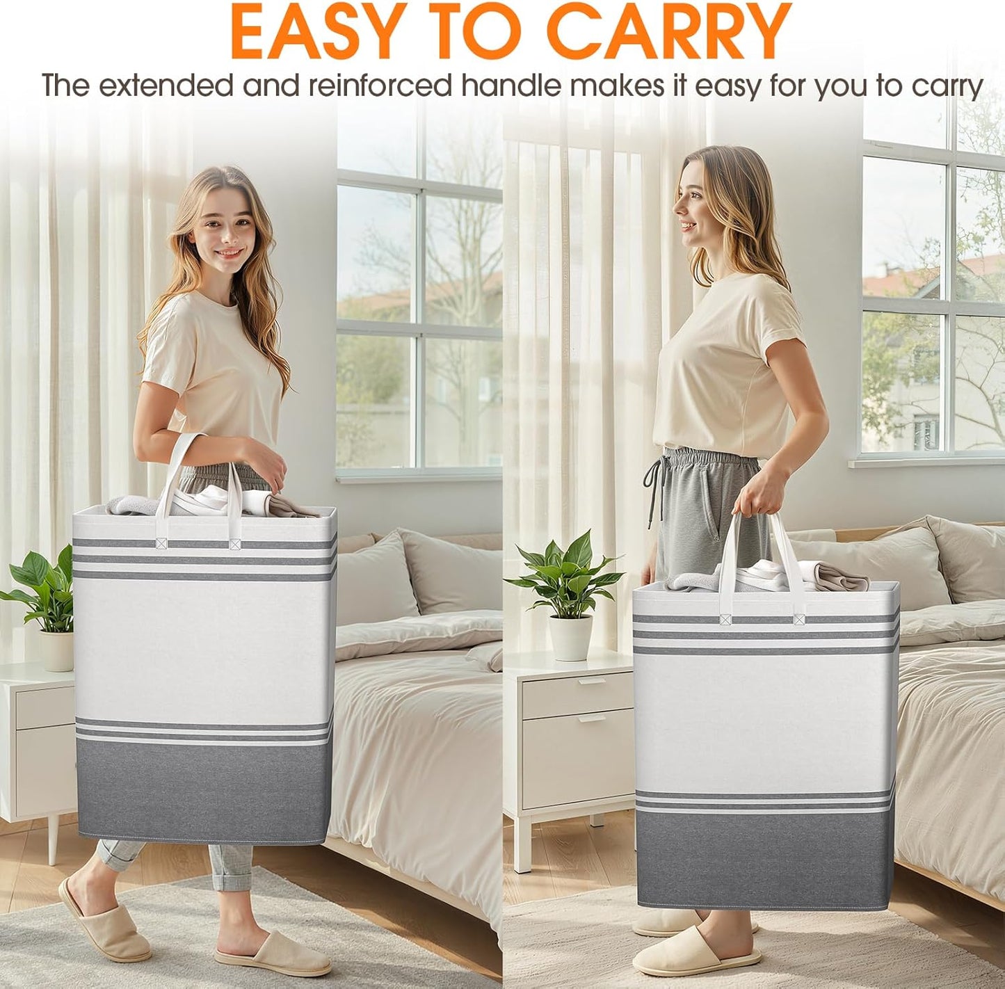 2 Pack Large Home Laundry Basket, Laundry Hamper, Freestanding Waterproof Dirty Clothes Bag, Tall Clothes Hamper - Extended & Reinforced Handles for College Dorm, Family (Light Grey/125L)