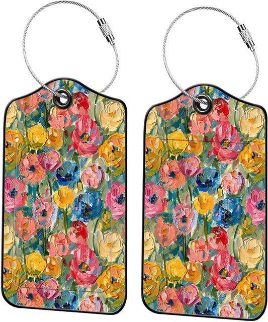 Luggage Tags for Suitcases, 2-Pack PU Leather for Cruise & Travel, Baggage ID Tags with Privacy Cover & Address Card, Durable Metal Ring, Kids Adults Travel Accessories, Impressionist Blooms