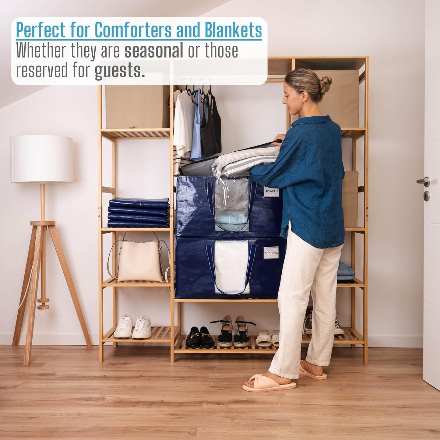 VENO 8 Pack Moving Bags, Comforter and Blanket Storage Bags for Closet, Moving Boxes, Boxes with Lids Alternative, College Dorm Packing Supplies, Foldable Heavy-Duty Tote with Window (Blue, 8 Pack)