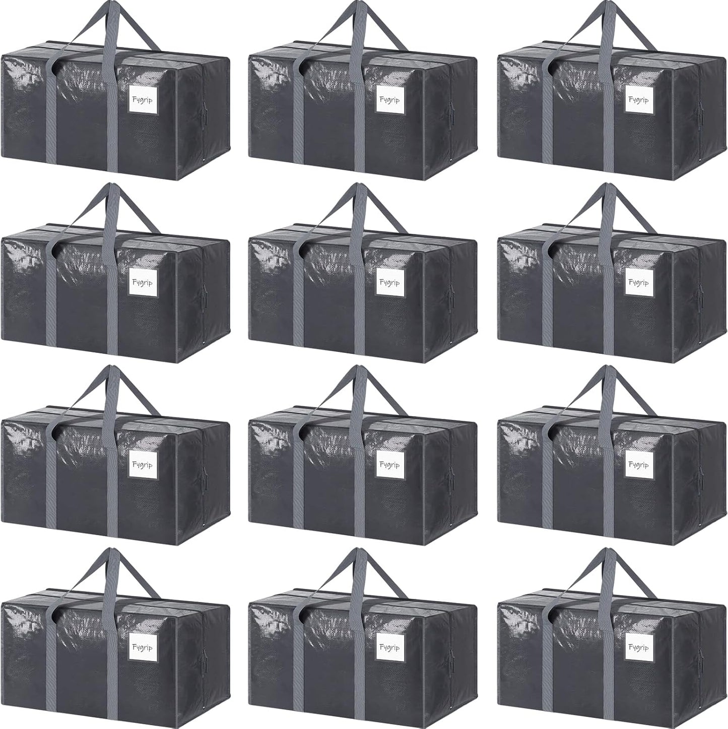 12 Pack Extra Heavy Duty Large Moving Bags with Strong Zipper & Comfortable Handles, Sturdy & Durable Clothes Storage Bags Totes Bins, Packing Moving Boxes for College Supplies, Gray