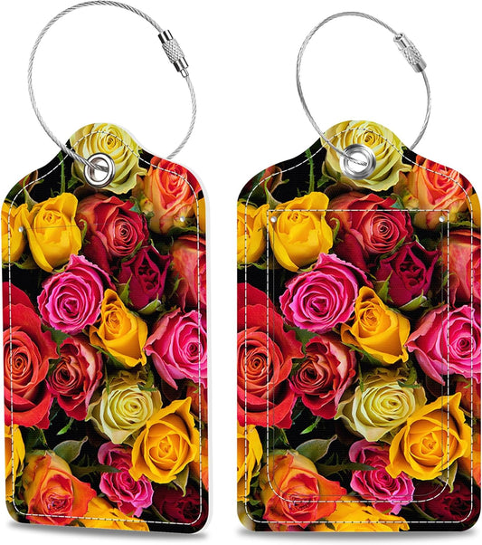 Colorful Roses Luggage Tags 2PCS PU Leather Suitcases Tag with Stainless Steel Loop and Privacy Name Address Cover Label Card for Women Men Travel