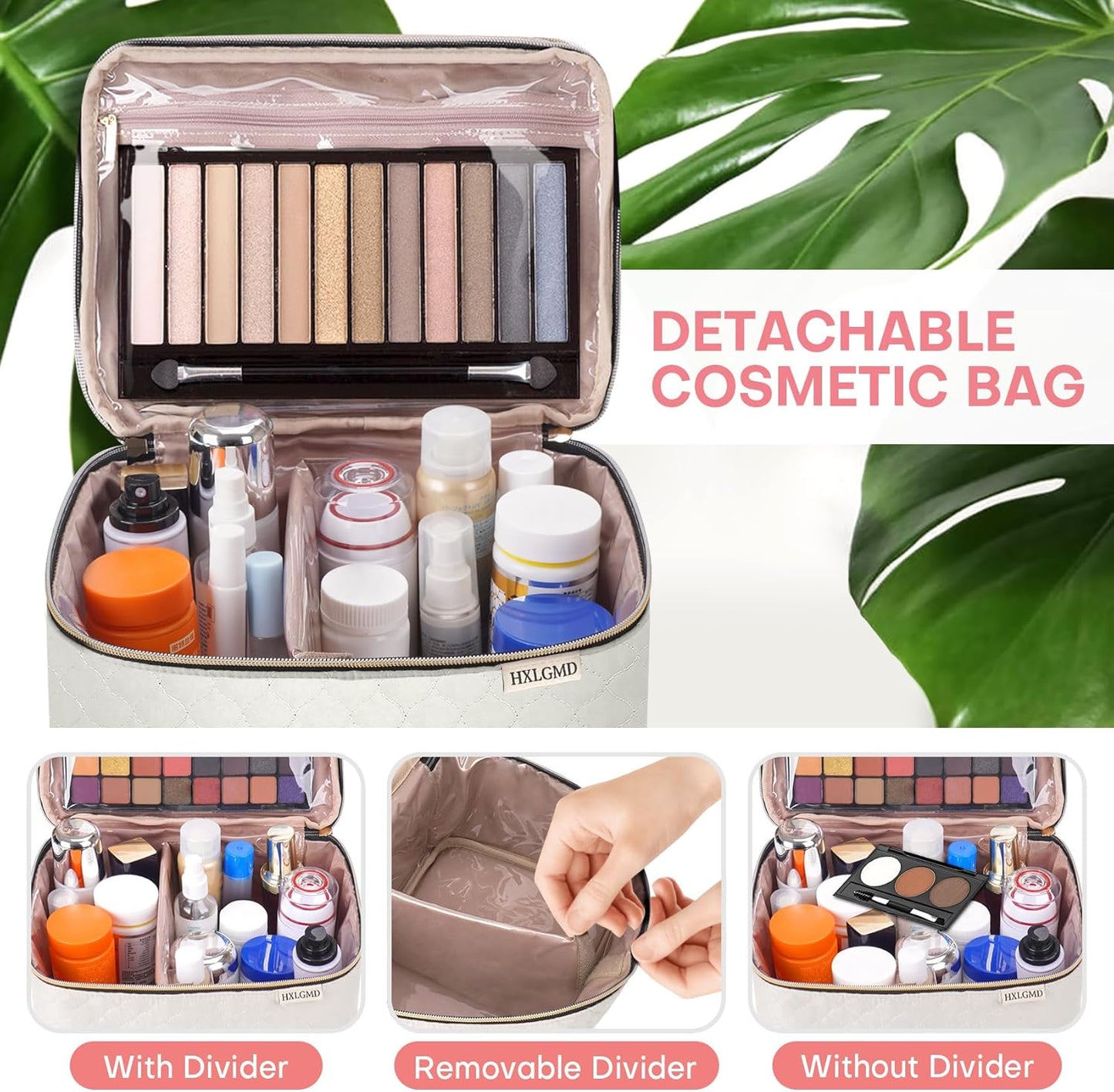 Large Makeup Bag with Mirror Double Layer Travel Make Up Organizer Case, Large Capacity Coemetic with Brush Slot Divider, Travel Toiletry Bag for Women - White/Beige