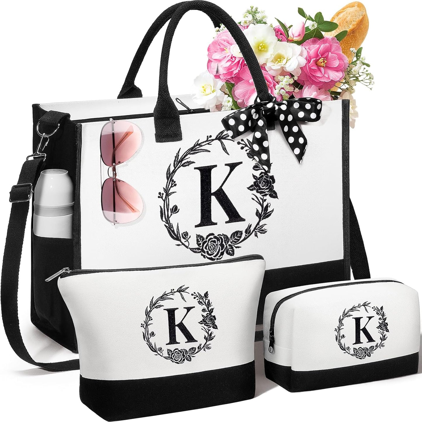 Personalized Christmas Gifts for Women, Initial Canvas Tote Bag & Makeup Bag Monogrammed Beach Tote Bags for Women w/Zipper, Birthday Gifts for Mom Her Sister Friend Girlfriend Wife Daughter Teacher
