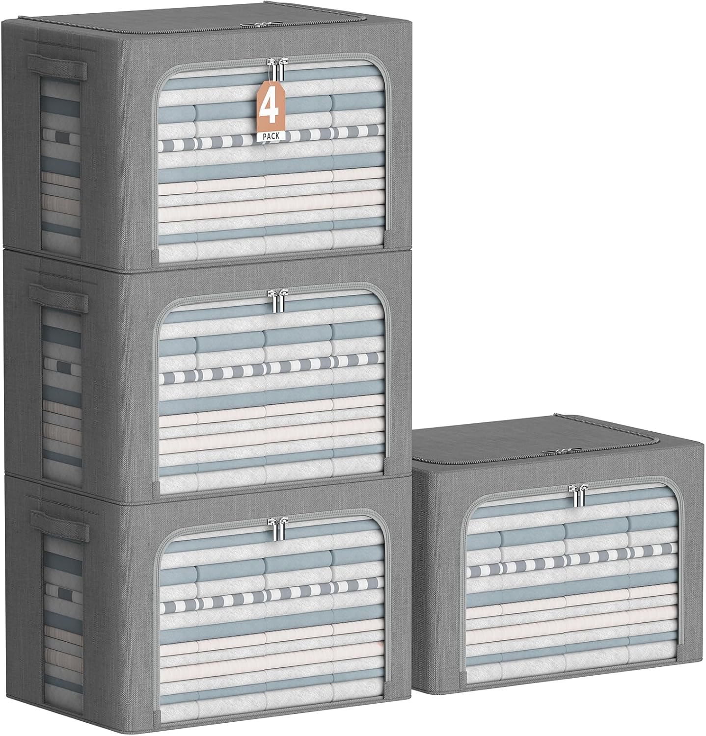 4 Pack Clothes Storage Bins with Metal Frame - Linen Fabric Foldable Stackable Container Organizer Set with Clear Window & Carry Handles & Zippers (Dark Gray, 23.6"x16.5"x15.7")