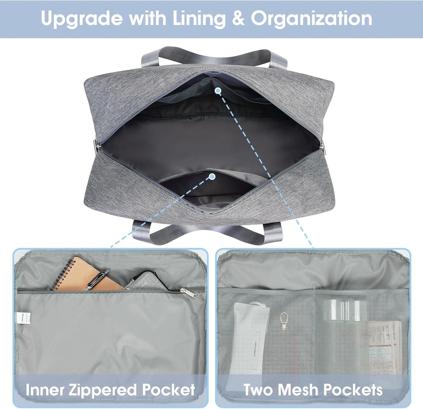 Carry on luaggage 22x14x9 Airlines Approved Foldable Carry on Bag Travel Duffel Packable Duffle Overnight for Women and Men 40L (Grey)