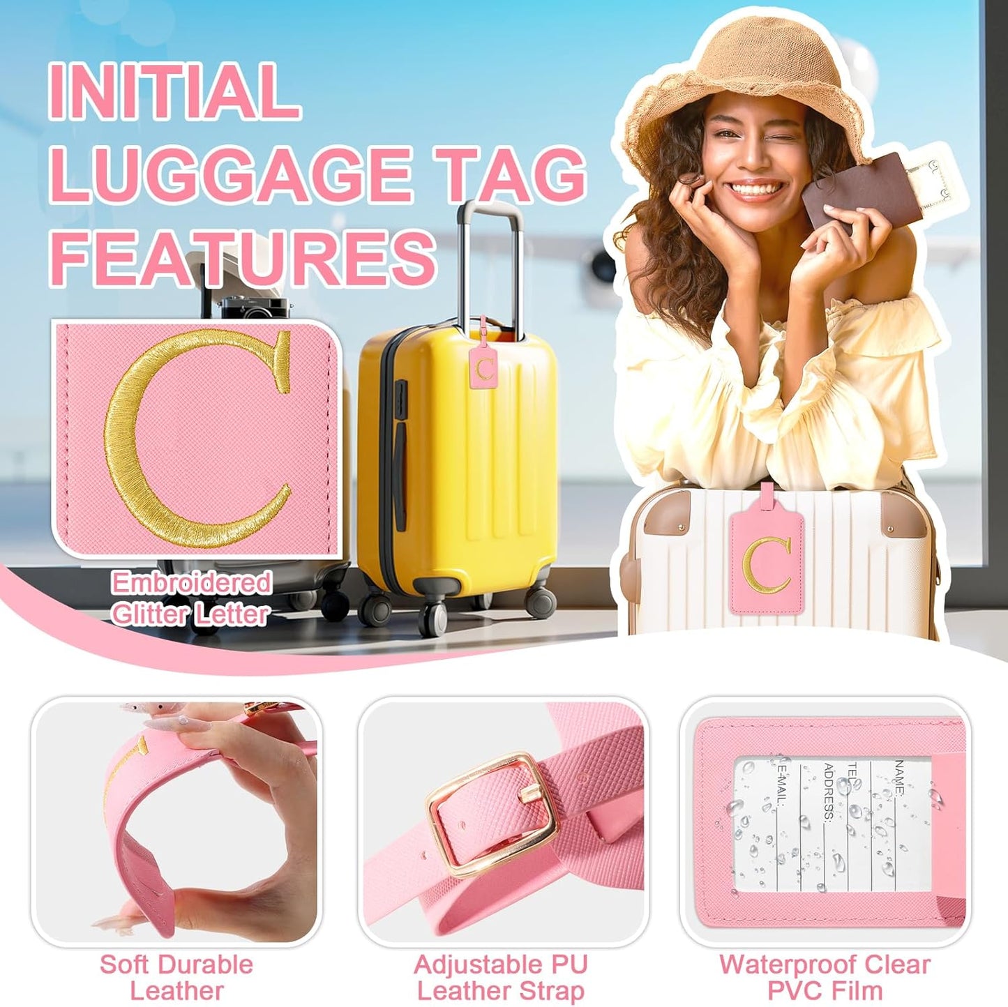 Personalized Initial Luggage Tags for Suitcase, Pink Leather Cute Luggage Tags with Privacy Cover Name Card, Embroidered Custom Monogrammed Luggage Tag Travel Bag Baggage Tags Gifts for Women Kids(C)