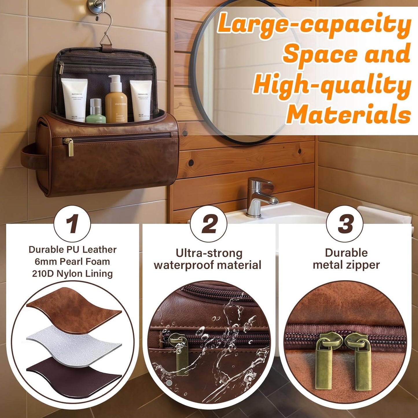 3-in-1 unisex PU toiletry bag: laser engraving & detachable waterproof section. Great personalized gifts (groomsmen, Father's Day, birthdays) — ideal for travel, gym, camping.