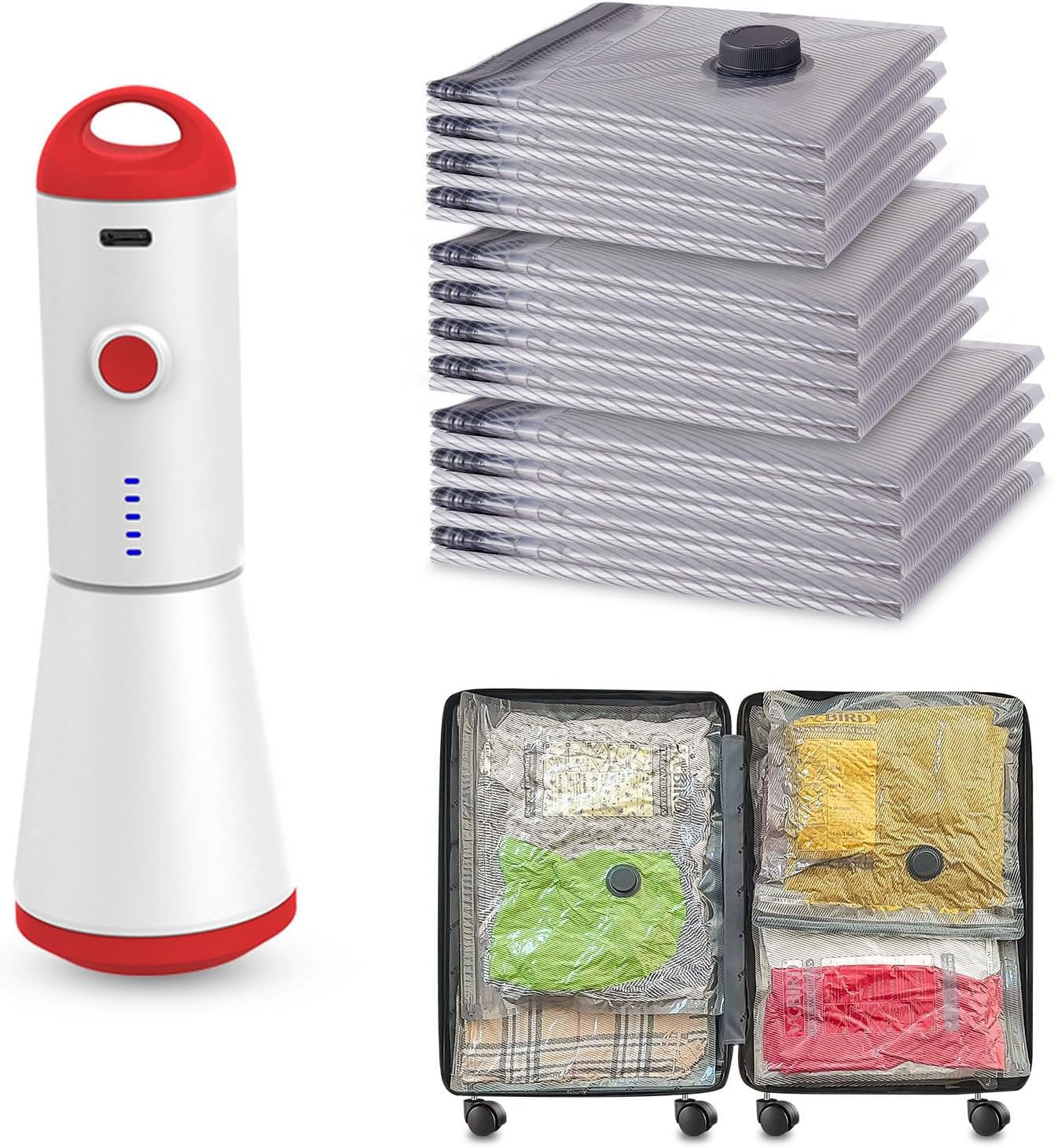 Travel Vacuum Storage Bags with Rechargeable USB Pump, 9 Pack Carry-On Size Compression Packing Bags for Luggage and Suitcase, Space Saver for Clothes and Clothing Travel