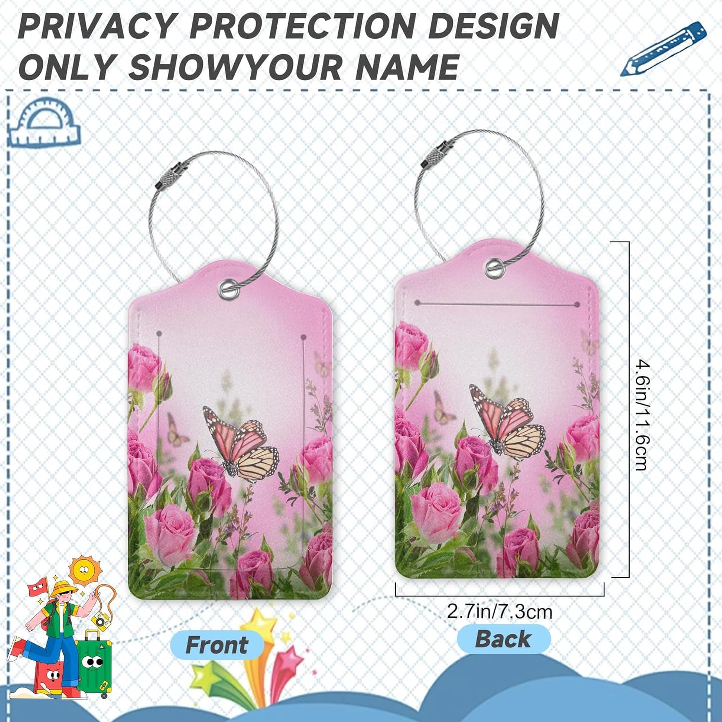 2 Pack Luggage TagsButterfly Rose Floral with Stainless Steel Loop and Privacy Cover for Women Men Travel Luggage Accessories