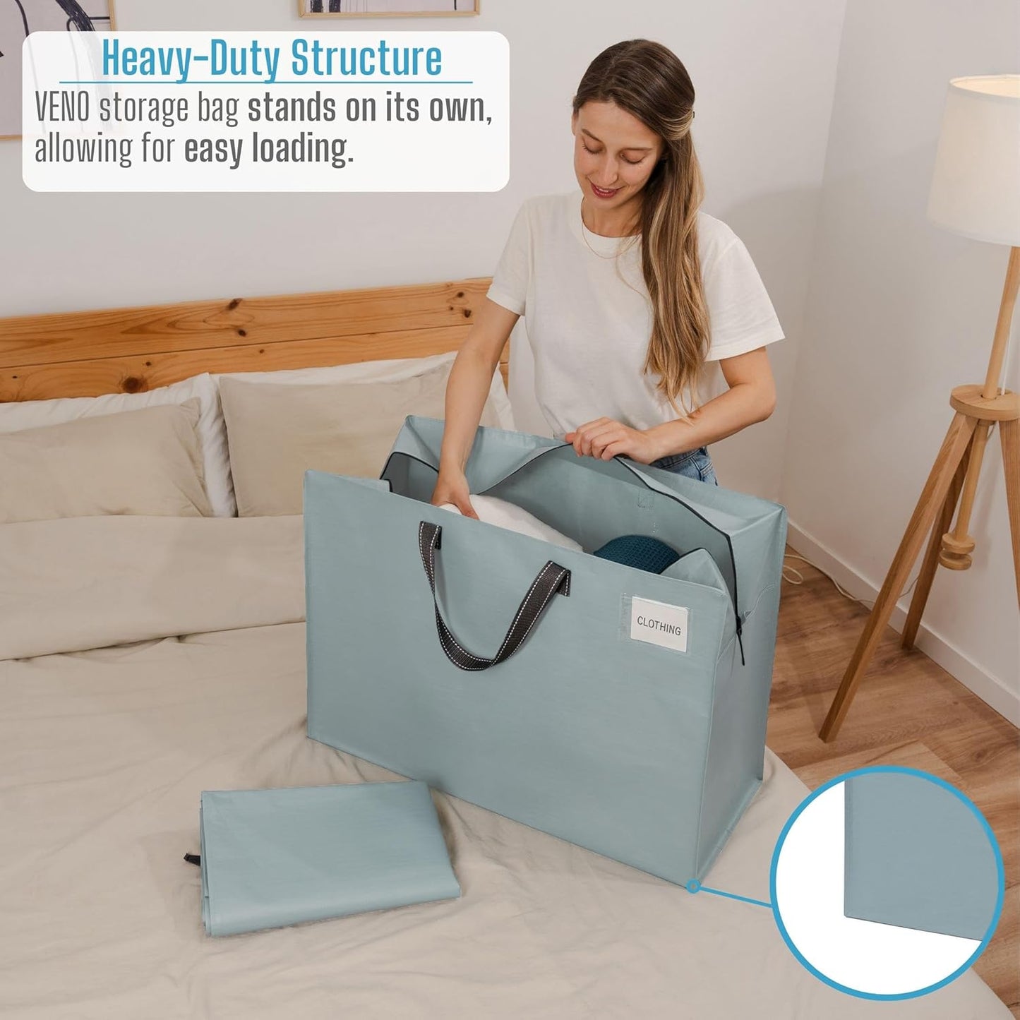 VENO 4 Pack Heavy Duty Moving Bags, Storage Bags, Packing Supplies, Top Zipper, Storage Totes for Camping, Clothes, Bedding, Comforters, Pillows (27 Gallon Light Blue, 4 Pack)