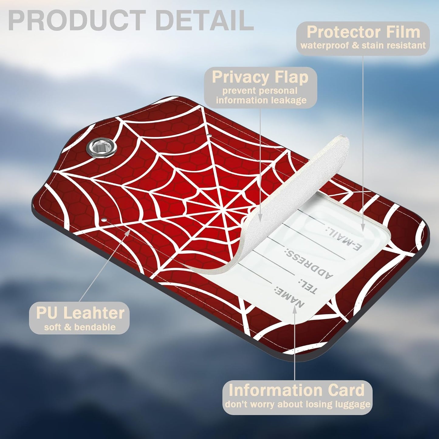 2 Pack Luggage Tags for Suitcases Spider Web Leather Luggage Tags Privacy Cover ID Label with Stainless Steel Loop and Address Card for Women Men Travel Bag Backpack