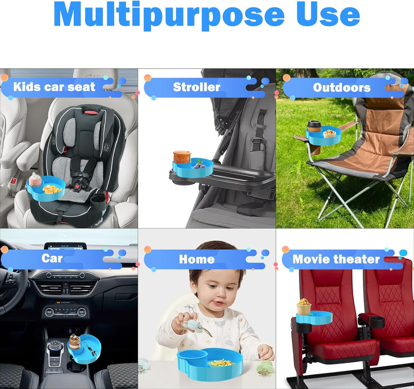 [2 Packs] Kids Car Seat Tray, Travel Tray with Cup Holder for Toddler Baby, Kids Car Seat Food Snack Organizer for Road Trip, Stroller snack Organizer Travel Must Haves (Sky Blue, 2 PCS)