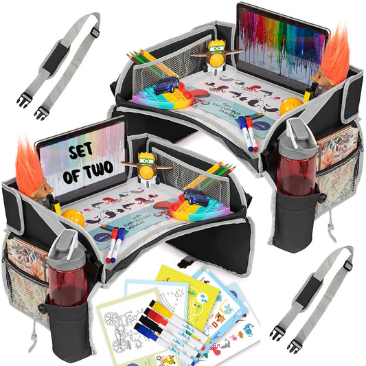 PILLANI Kids Travel Tray for Car - Car Seat Tray for Kids, Road Trip Essentials Must Haves - Carseat Table Roadtrip Activities - Toddler Lap Desk Organizer for Airplane - Travel Essentials - Pack of 2