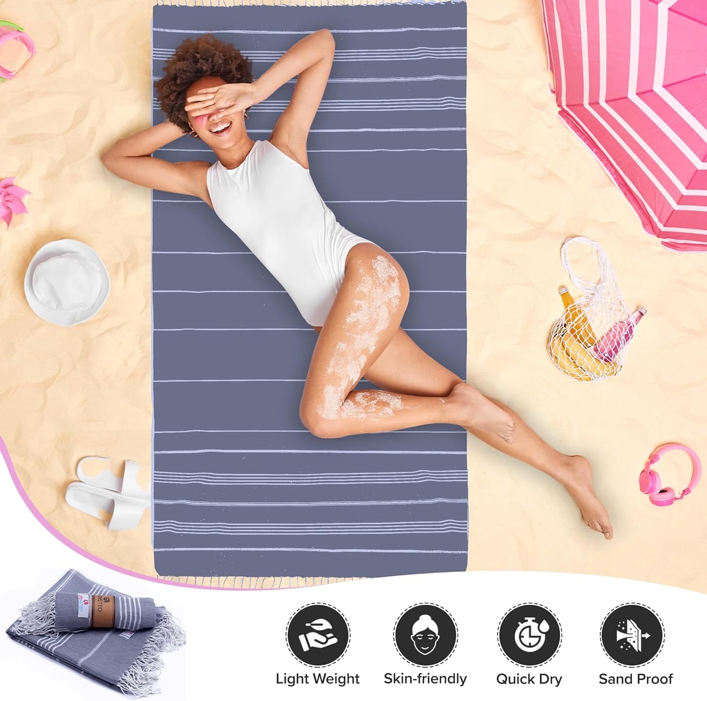 Turkish Beach Towel - 40x71 Inch Oversized Sand Resistant Prewashed Cotton Towel - Quick Drying, Compact, Lightweight for Beach, Bath, Pool, Gym, Yoga