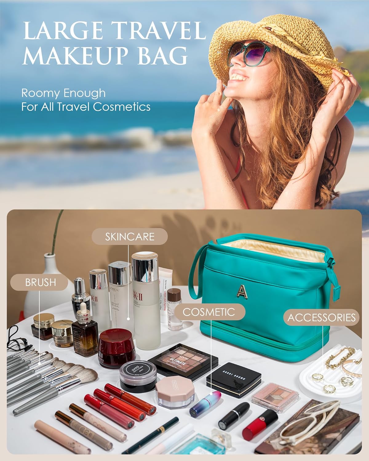 Teen Girl Gift Ideas, Birthday Gift for Her, Makeup Bags, Waterproof Double Layer Cosmetic Bag, Large Capacity PU Leather Makeup Bags Letter Travel Toiletry Bag, Initial Gifts for Coworkers