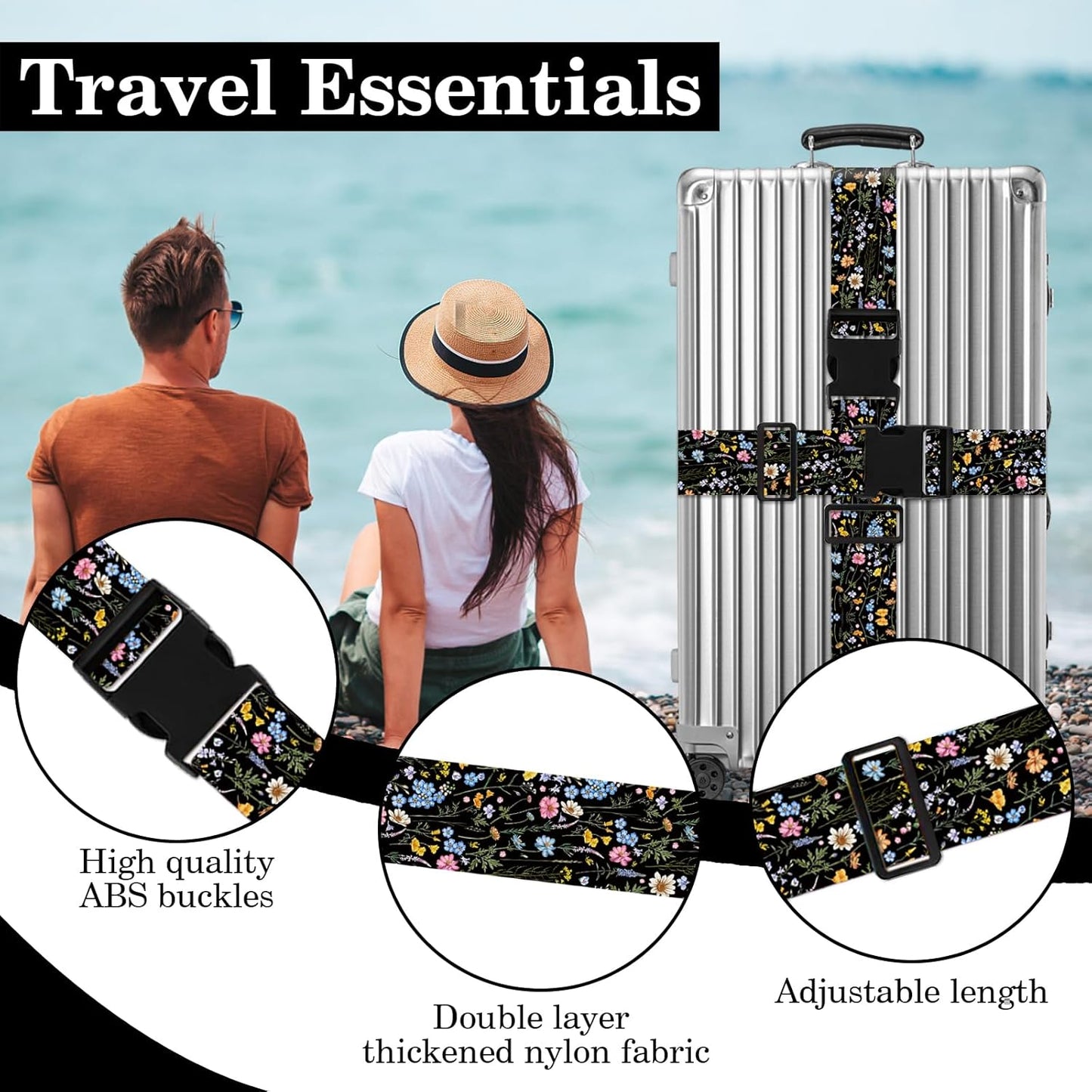 2 Pack Wildflower Luggage Straps for Suitcases Adjustable Travel Belt Luggage Tie Carry On Bag Suitcase Strap to Keep Suitcase Secure While Traveling