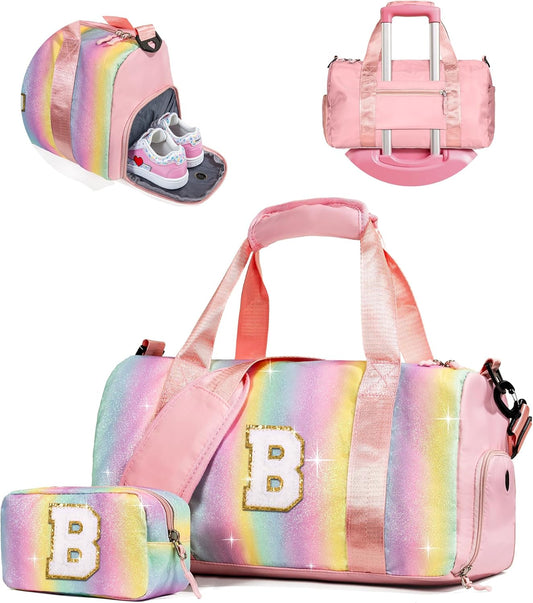 Birthday Gifts for 3 4 5 6 7 8 9 10 11 12 Year Old Girls-Girl Gym Bag with Shoe Compartment, Kid Personalized Weekender Overnight Bags, Initial Travel Tote with Makeup Pouch (Letter B)