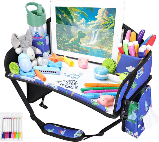 Kids Travel Tray for Airplane - Toddler Car Seat Table Tray, Road Trip Essentials for Boys & Girls, Carseat Lap Desk for Kids Road Trip Activities,Blue Dinosaur