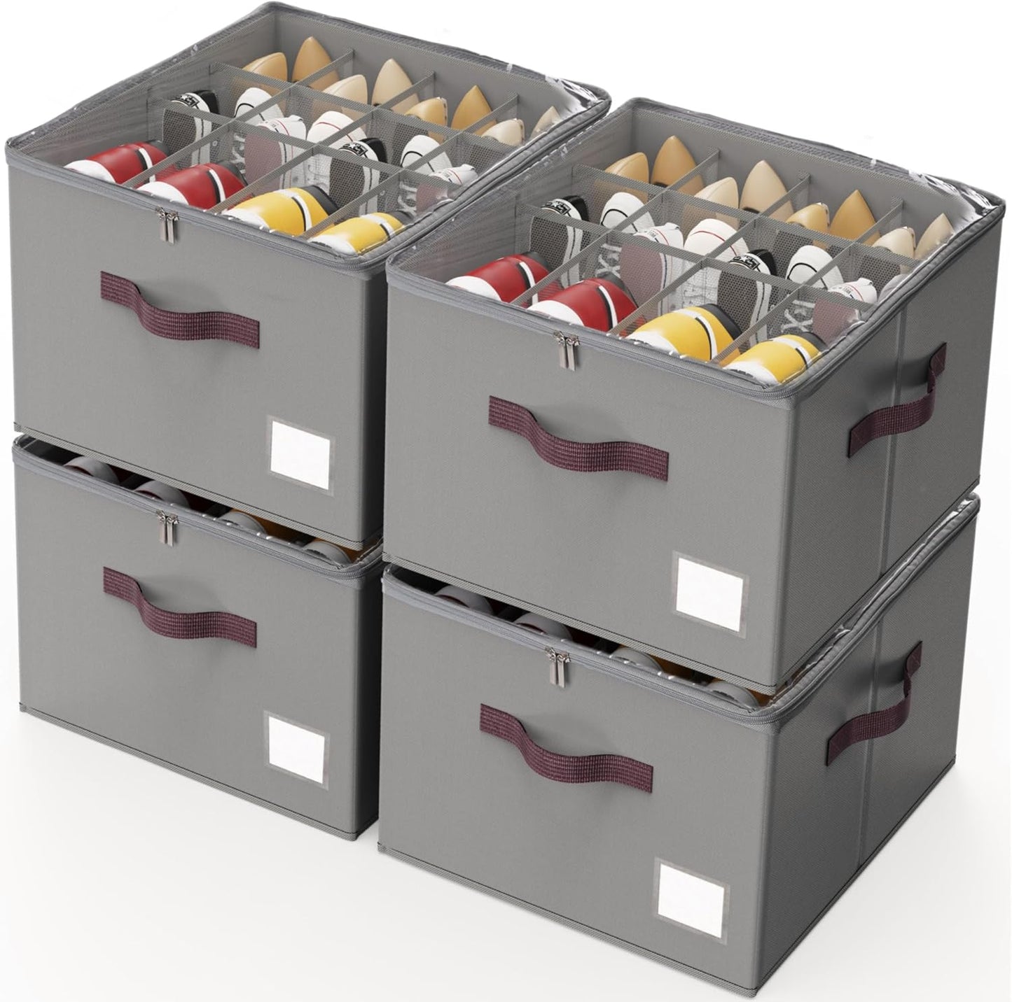 Criusia Shoe Organizer for Closet, 4 Pack Shoe Organizer with Transparent Cover and Sturdy Handles, Closet Shoe Storage for Sneakers Sandals Slippers, Fit 12-16 Pairs, Gray